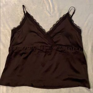 Black Satiny Lace Trim Drawstring Waist Tank Top